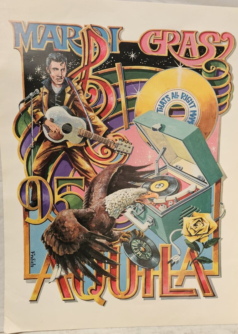 Aquila 1995 Mardi Gras Poster Signed By Frolich Damaged Corner TJG7154